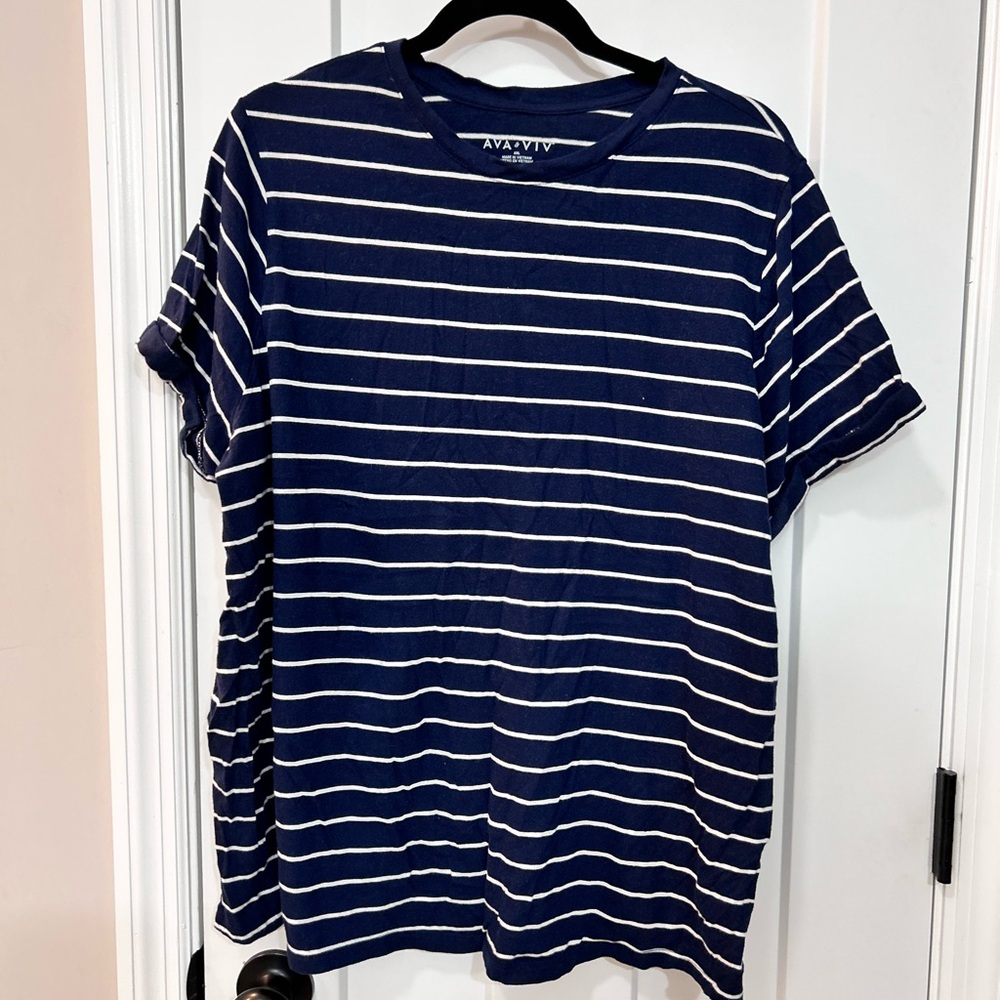 Ava & Viv Women's Navy Blue and White Striped Tee 100% cotton